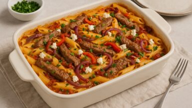 Griekse pastaschotel met biefstuk