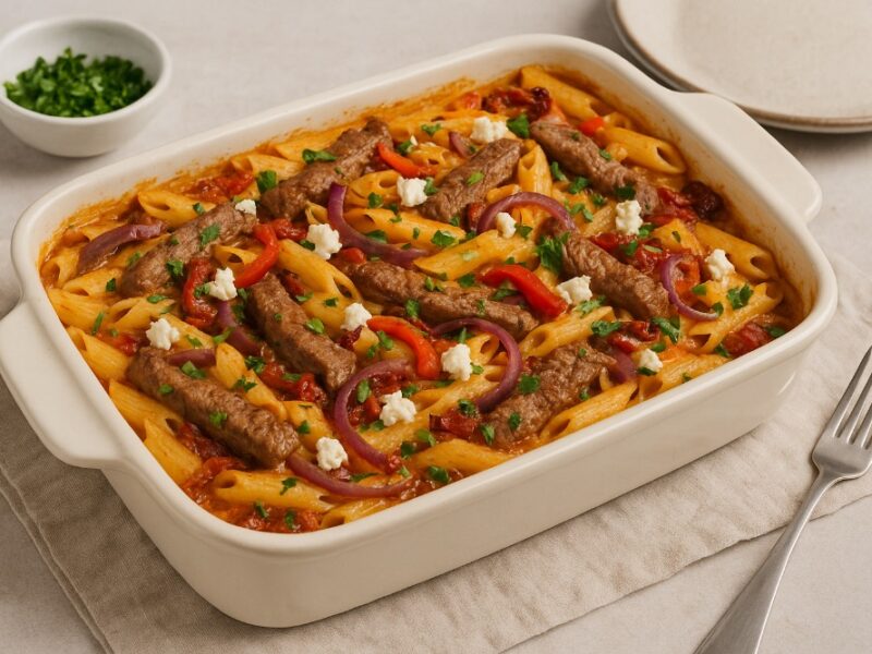 Griekse pastaschotel met biefstuk
