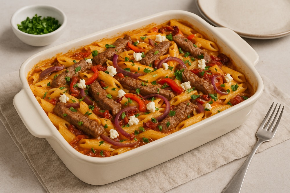 Griekse pastaschotel met biefstuk