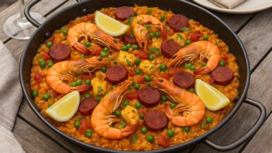 Paella met Zeeduivel, Grote Garnalen en Chorizo