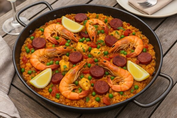 Paella met Zeeduivel, Grote Garnalen en Chorizo