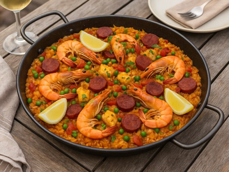 Paella met Zeeduivel, Grote Garnalen en Chorizo