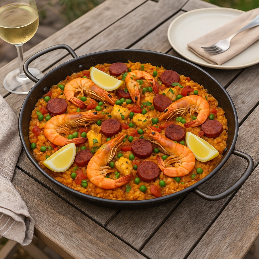Paella met Zeeduivel, Grote Garnalen en Chorizo
